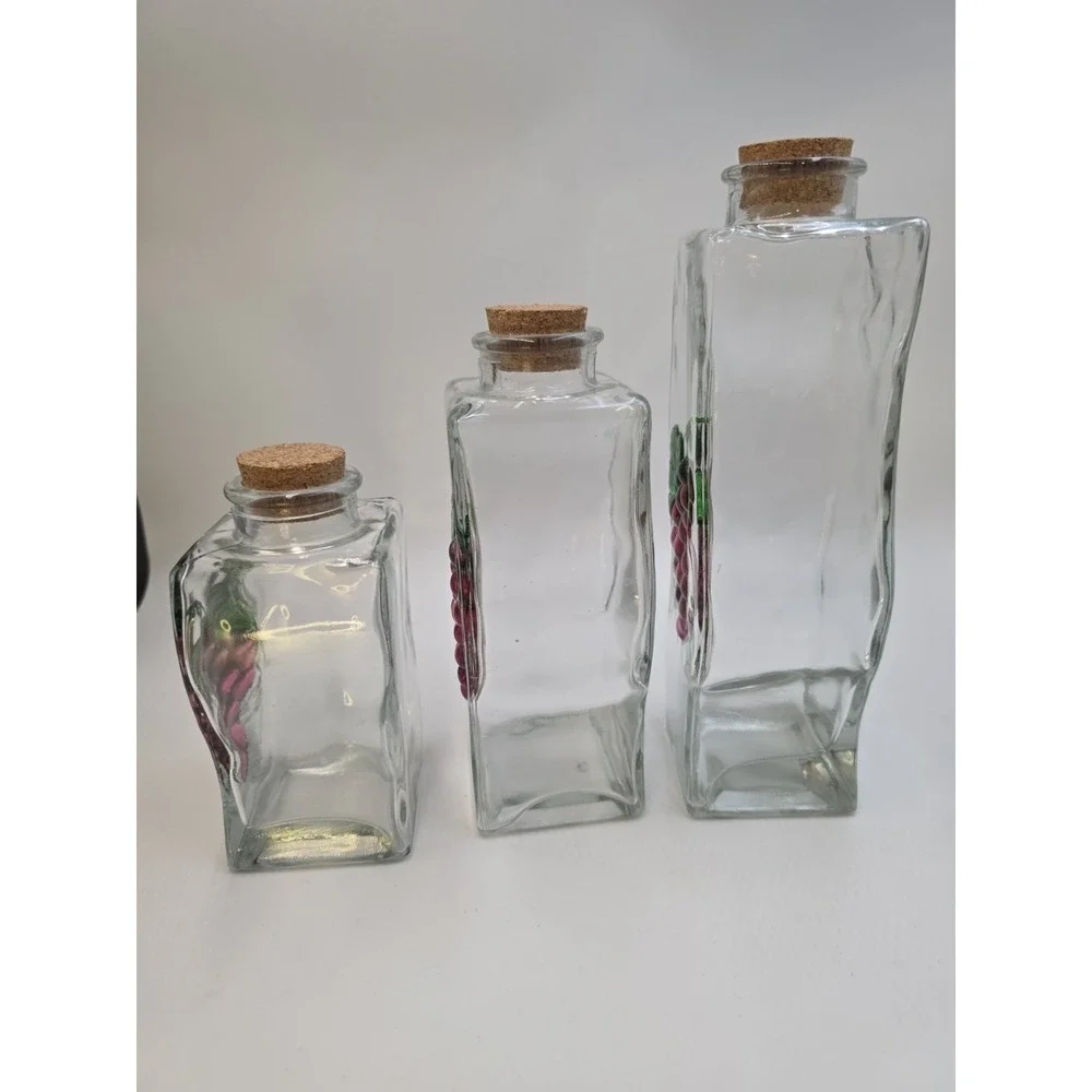 VTG Set 3 Clear‎ Glass Grape Painted Canisters Cork Lids Kitchen Farmhouse Decor